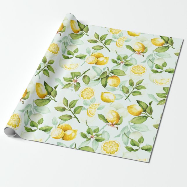 Lemons Frucht Wasserfarbe Sommerfrucht Muster Minz Geschenkpapier (Ungerollt)