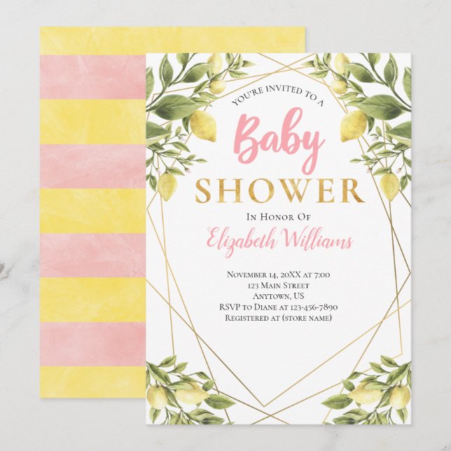 Lemons Geometric Frame Pink Girl Baby Dusche Einladung (Vorne/Hinten)