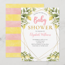 Lemons Geometric Frame Pink Girl Baby Dusche Einladung