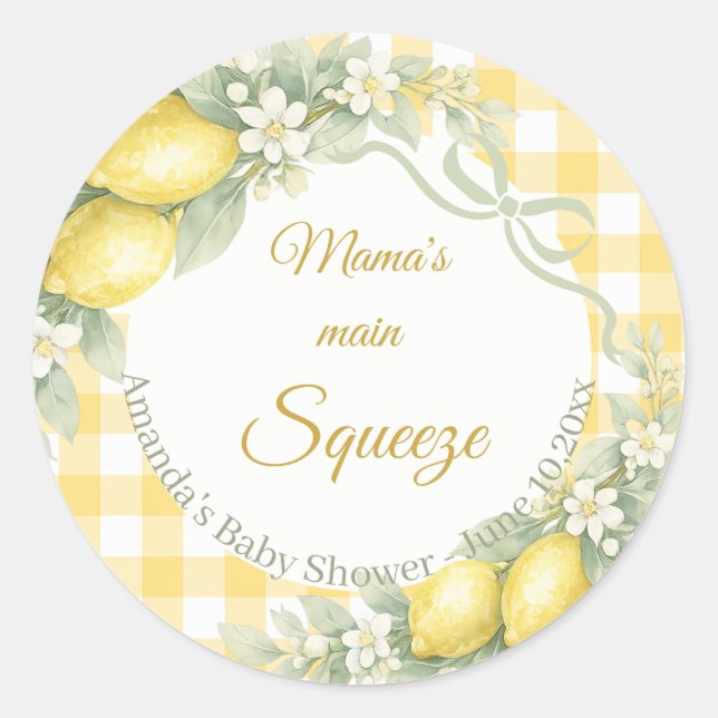 Lemons gingham mama's main squeeze Baby Shower Runder Aufkleber (Vorderseite)