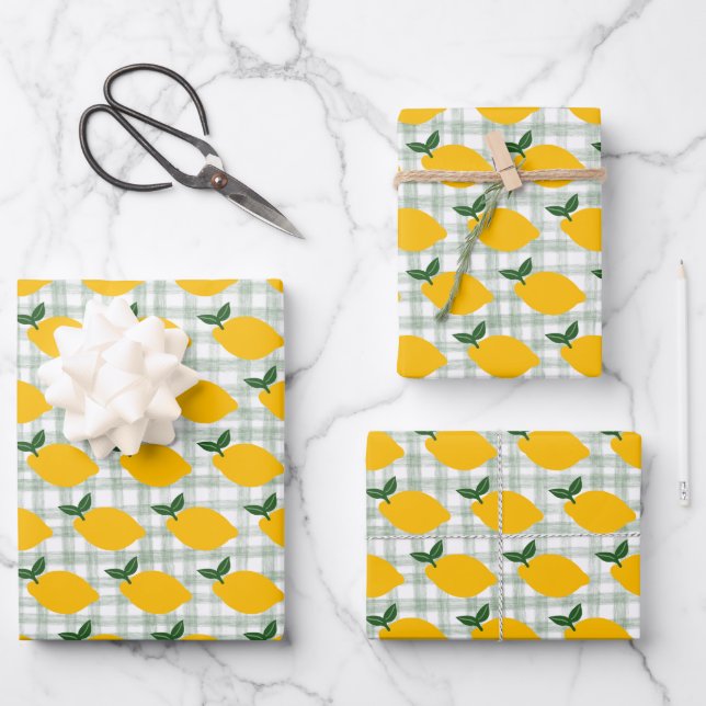 Lemons Gingham Niedlich CUSTOM Brautparty Geburtst Geschenkpapier Set (Vorderseite)