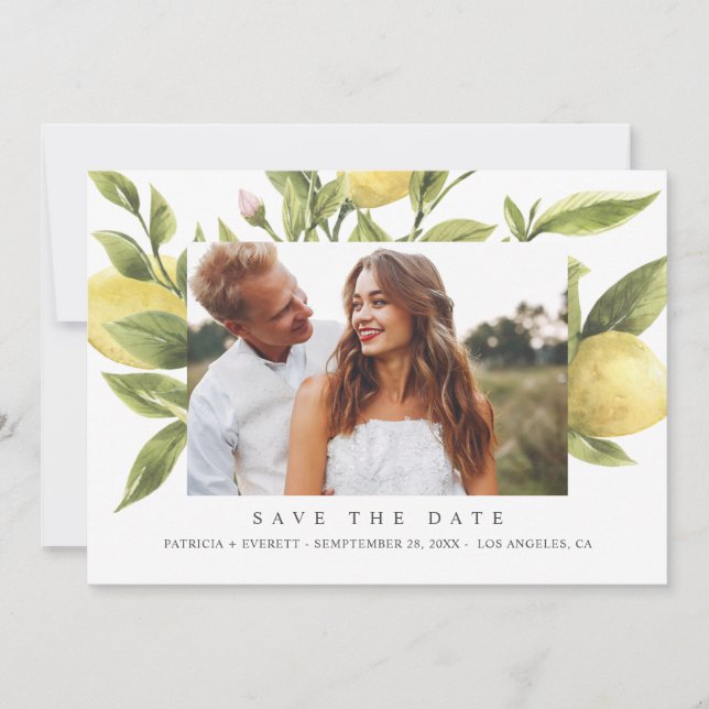 Lemons Green Boho Wedding Foto Save the Date Ankündigung (Vorderseite)