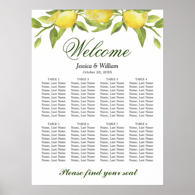 Lemons & Greenery 8 Tische Hochzeitssaison CHART Poster (Vorne)