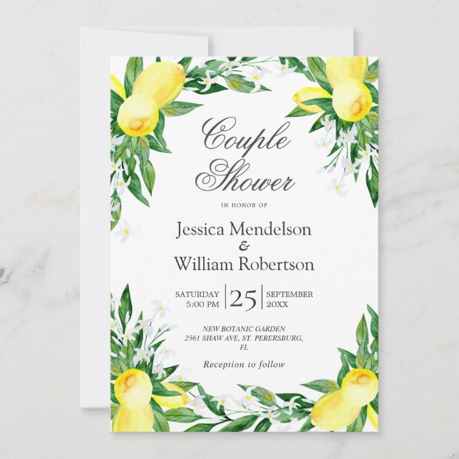 Lemons Greenery Blossom Couple Dusche Einladung (Vorderseite)