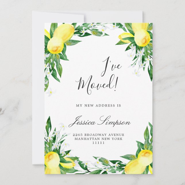 Lemons Greenery Blossom Moving Announcement Cards Ankündigung (Vorderseite)