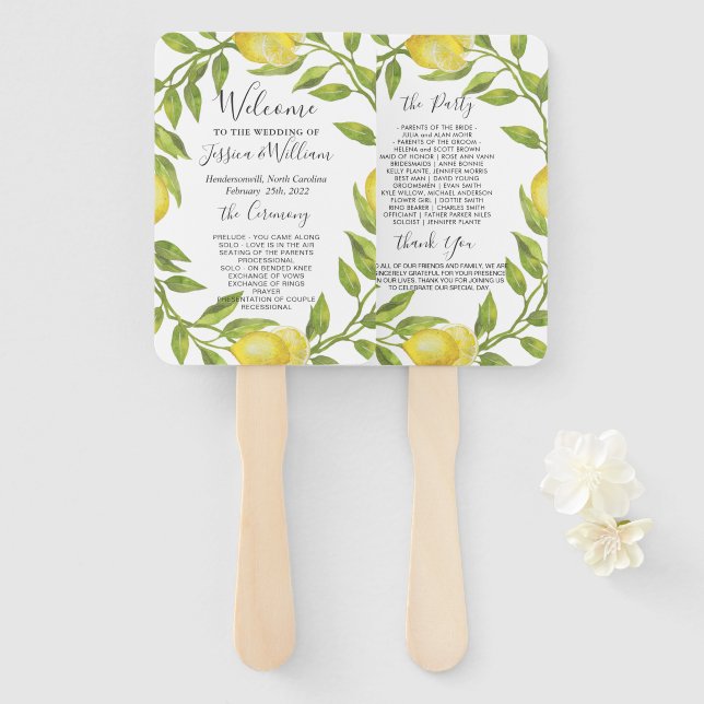 Lemons Greenery Blossom Wedding Program Fächer (Vorne und Hinten)