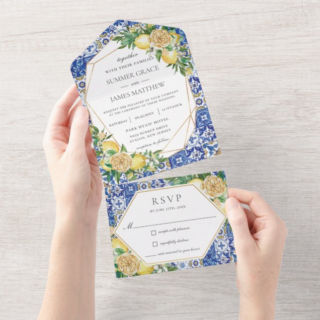 Lemons Greenery floral Mosaic Tiles Wedding All In One Einladung (Abreißen)