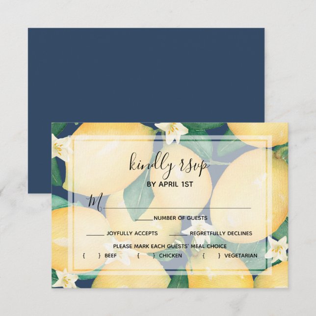 Lemons Greenery on Navy Blue RSVP Karte (Vorne/Hinten)