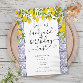Lemons Greenery Tiles Script Geburtstagsparty Einladung