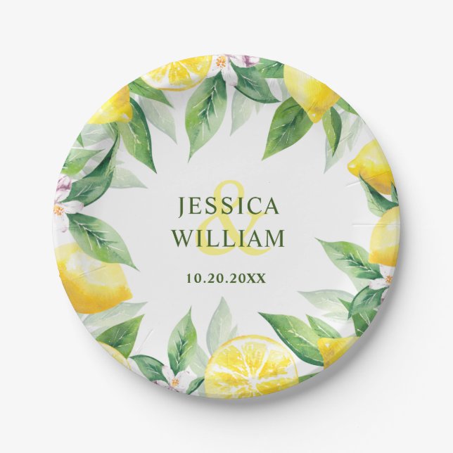 Lemons & Greenery Wasserfarbenhochzeit Personalisi Pappteller (Vorderseite)