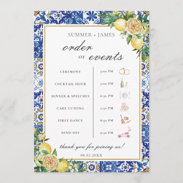 Lemons Greenery Wedding Order of Event Timeline Programm (Vorderseite)
