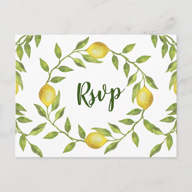Lemons & Greenery Wedding RSVP mit Speisekarte Postkarte (Vorderseite)