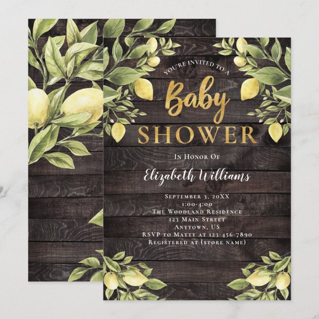 Lemons Greenery Wood Watercolor Kinderdusche Einladung (Vorne/Hinten)