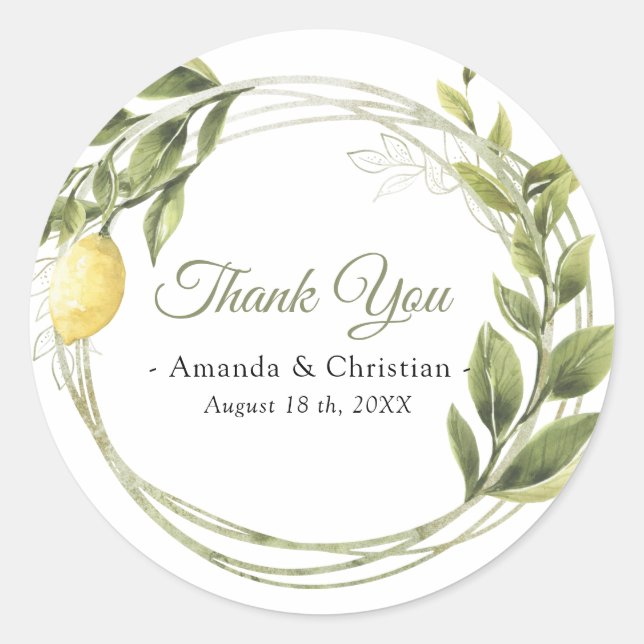 Lemons Greenery Wreath Wedding Vielen Dank Runder Aufkleber (Vorderseite)