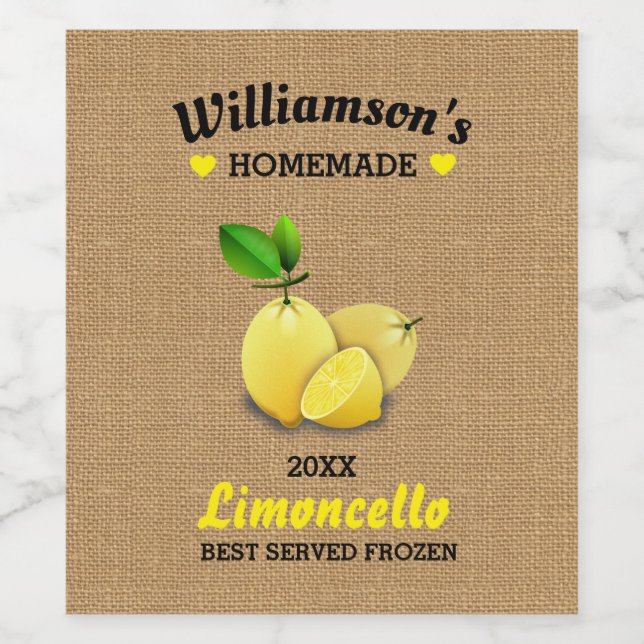 Lemons Homemade Limoncello Rustic Burlap Weinetikett (Einzelnes Label)