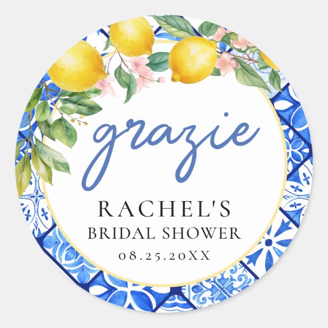 Lemons Italian Blue Tiles Brautparty Grazie Runder Aufkleber (Vorderseite)