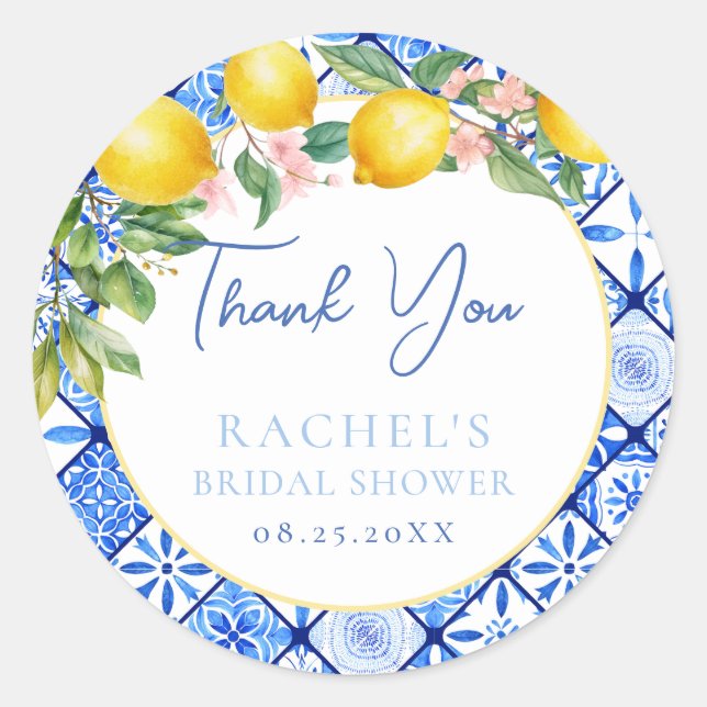 Lemons Italian Blue Tiles Brautparty Vielen Dank Runder Aufkleber (Vorderseite)