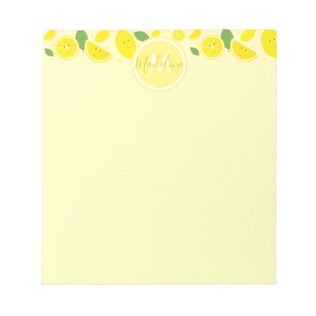 Lemons Leaf Muster Monogram Name Yellow Notizblock (Vorderseite)