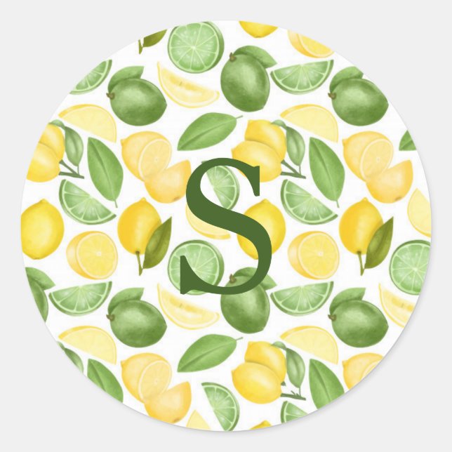 Lemons Limes Muster Wasserfarben Monogramm Einfach Runder Aufkleber (Vorderseite)
