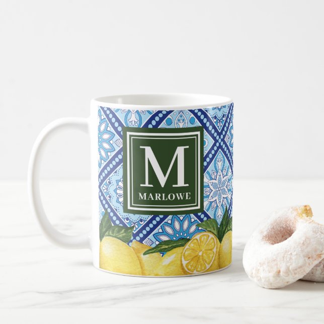 Lemons Mediterranean Blue Tiles Monogram Kaffeetasse (Mit Donut)