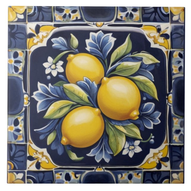 Lemons Mediterranean Dark Blue Italian Folk Art Fliese (Vorderseite)