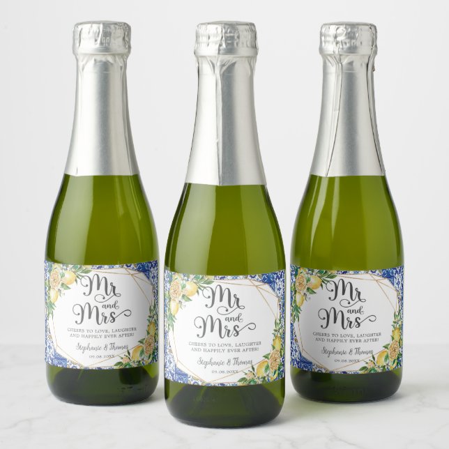 Lemons Meditteranean Blue Mosaic Tiles Wedding  (Flaschen)