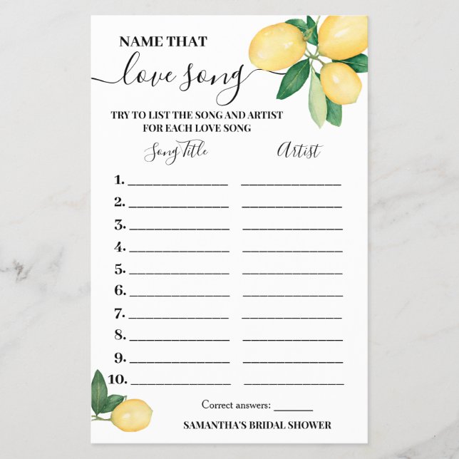 Lemons Name dieser Liebe Song Brautparty Game Card Flyer (Vorne)