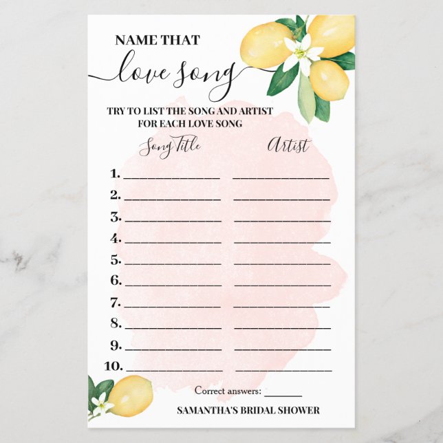Lemons Name that Love Song Pink Shower Game Card Flyer (Vorne)