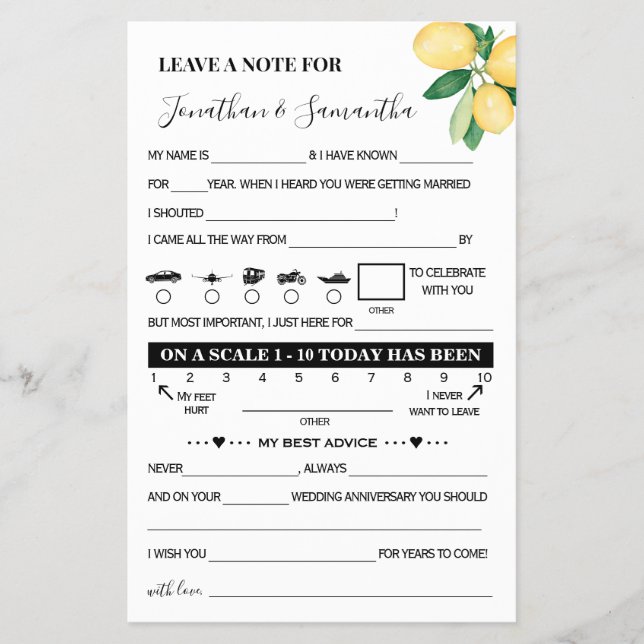 Lemons Note for Couple Wedding Activity Game Card Flyer (Vorne)