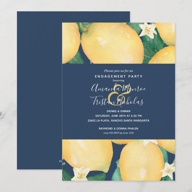 Lemons on Navy Blue Engagement Party Einladungen (Vorne/Hinten)
