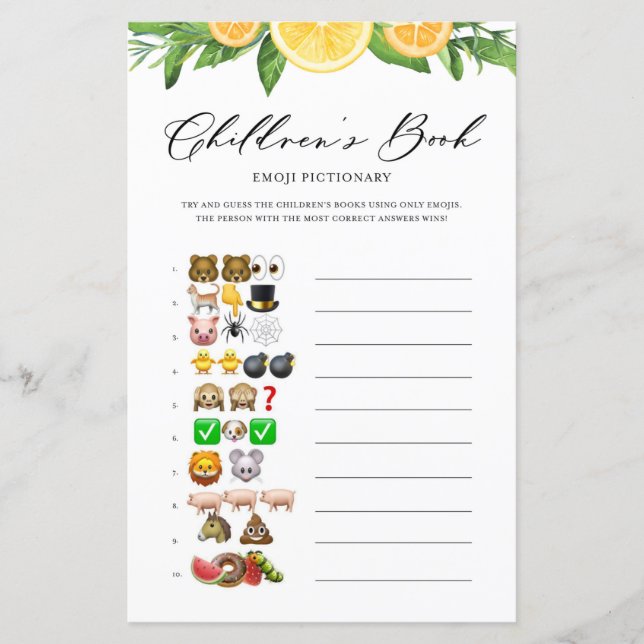 Lemons & Orange Emoji Pictionary Baby Showspiel (Vorderseite)