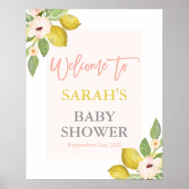 Lemons Pink Floral Baby Dusche Begrüßungszeichen Poster
