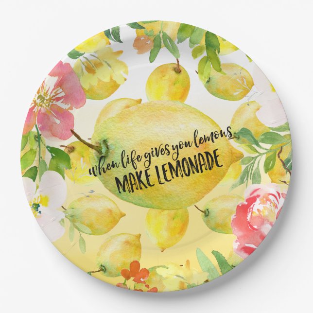 Lemons Pink floral ombre Aquarell inspirierend Pappteller (Vorderseite)