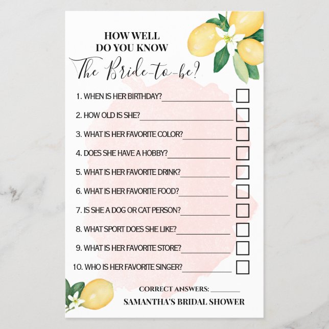 Lemons Pink Wie gut kennen Sie Bride Shower Game Flyer (Vorne)