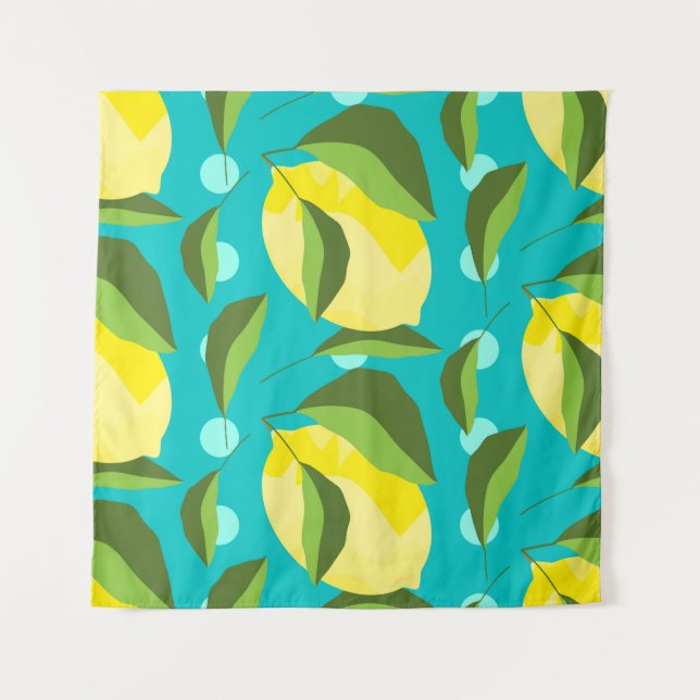 Lemons Polka Dot: Blue Background. Wandteppich (Vorderseite)