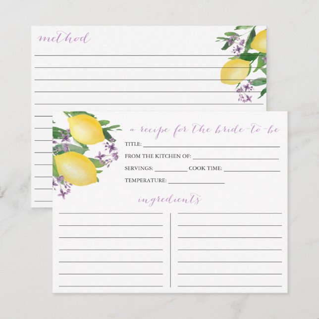 Lemons Purple Flowers Brautparty Rezept Card Einladung (Vorne/Hinten)