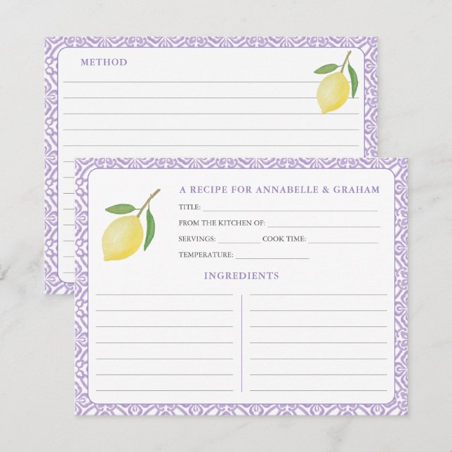 Lemons Purple Text Bridal Shower Recipe Card Einladung (Vorne/Hinten)