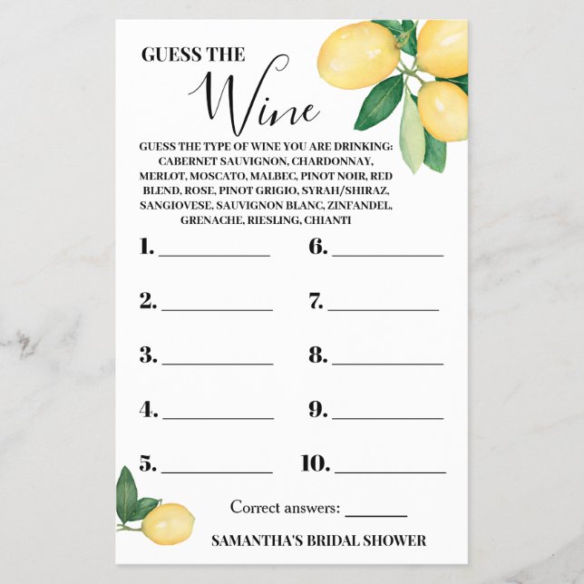 Lemons Raten Sie die Duschkarte für die Weinpaare Flyer (Vorne)