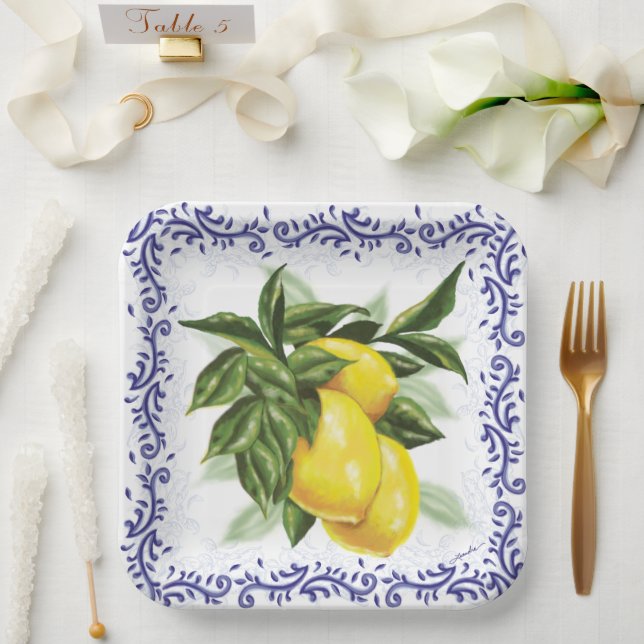 Lemons Royal Blue Toile Filigree Pappteller (Hochzeit)