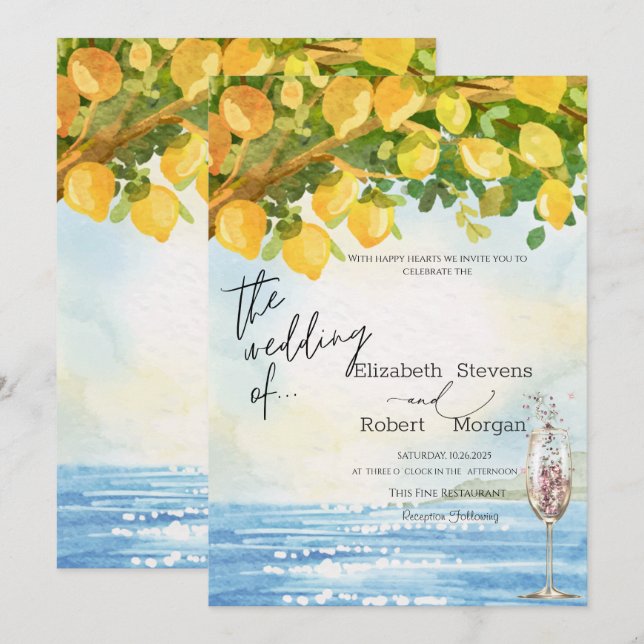 Lemons Sea Champagne Glass Wedding Einladung (Vorne/Hinten)