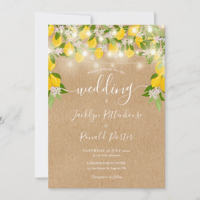 Lemons String Lights Rustic Kraft Wedding Einladung (Vorderseite)