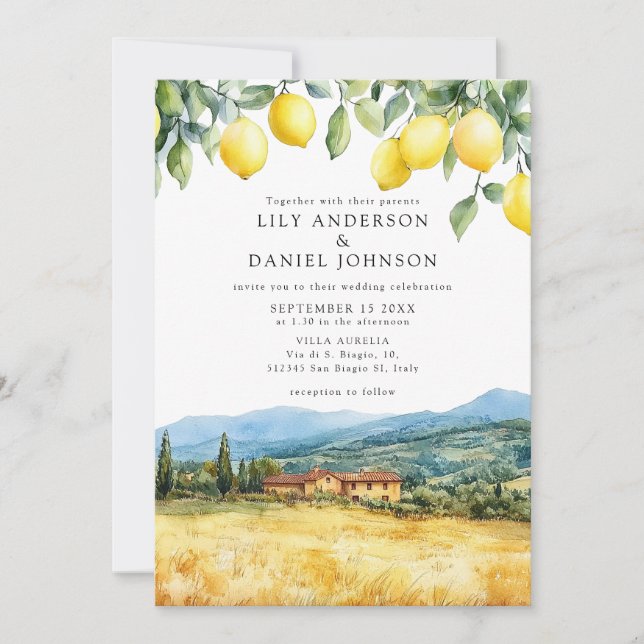 Lemons Tuscan Scene Italian QR Code Wedding Einladung (Vorderseite)