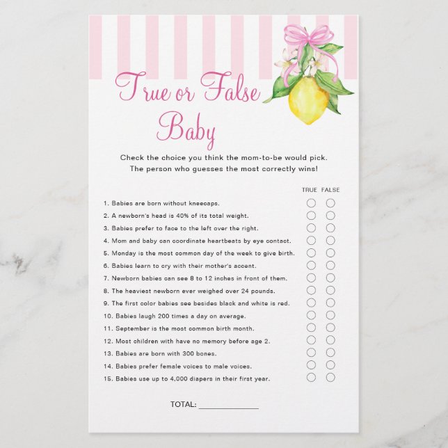 Lemons Wahr oder Falsch Baby Shower Spiel (Vorderseite)