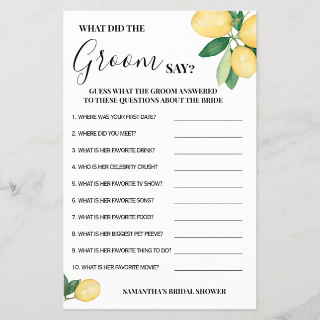 Lemons Was hat Groom gesagt, Brautparty Game Card Flyer (Vorne)