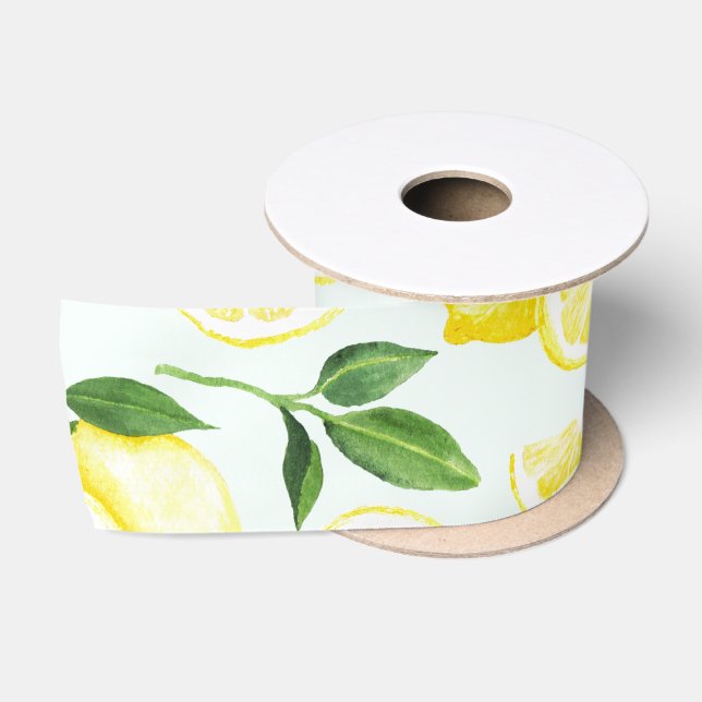 Lemons Wasserfarbe Sommerfruchtmuster auf Minze Satinband (Spule)