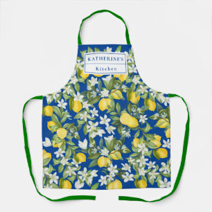 Lemons White Florals & Monogram auf Deep Blue Schürze