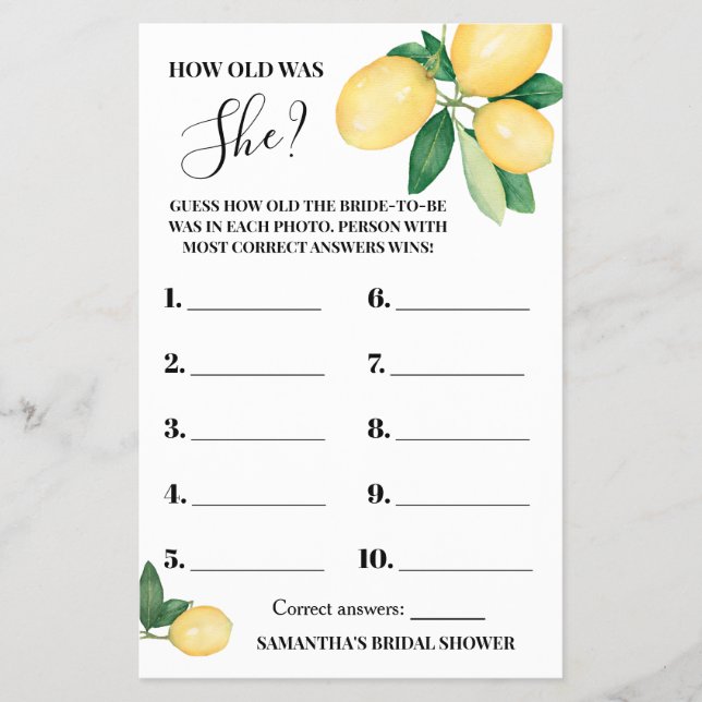 Lemons Wie alt war Ihr Brautparty Game Card Flyer (Vorne)