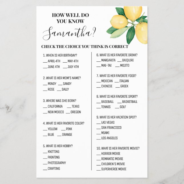 Lemons Wie gut kennen Sie die Bride Shower Game Ca Flyer (Vorne)