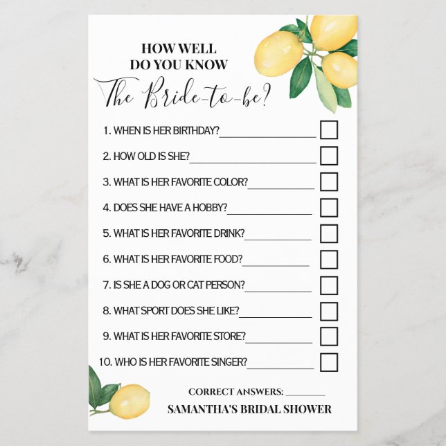 Lemons Wie gut Sie wissen, Bride Shower Game Karte (Vorne)
