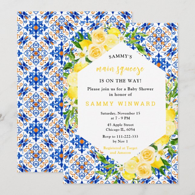 Lemons with Foliage Mediterranean Baby Shower Einladung (Vorne/Hinten)